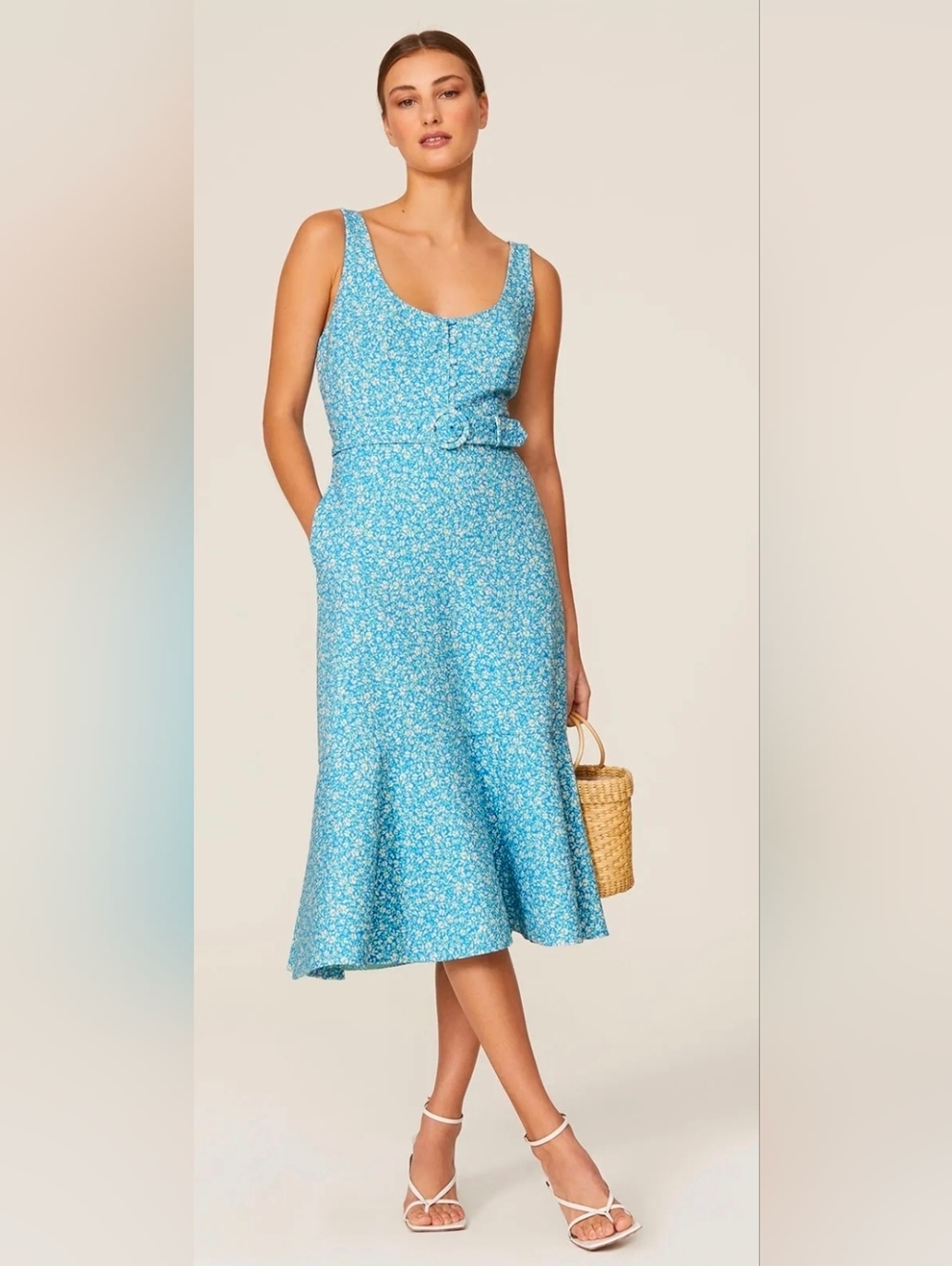 Jonathan Simkhai Light Blue Floral Belted Midi Dress - Size 16